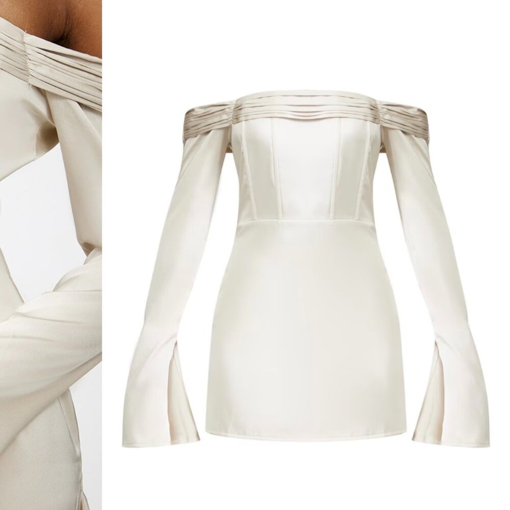 PretttyLittleThing - Champagne Satin Flared Sleeve Shift Dress - 4 - NWT